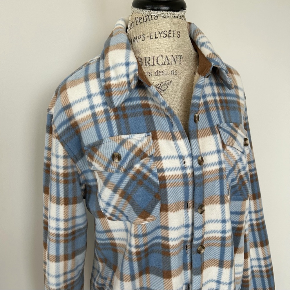 Sage Collective Blue Fleece Flannel Button Down Shirt Jacket - Picture 2 of 4